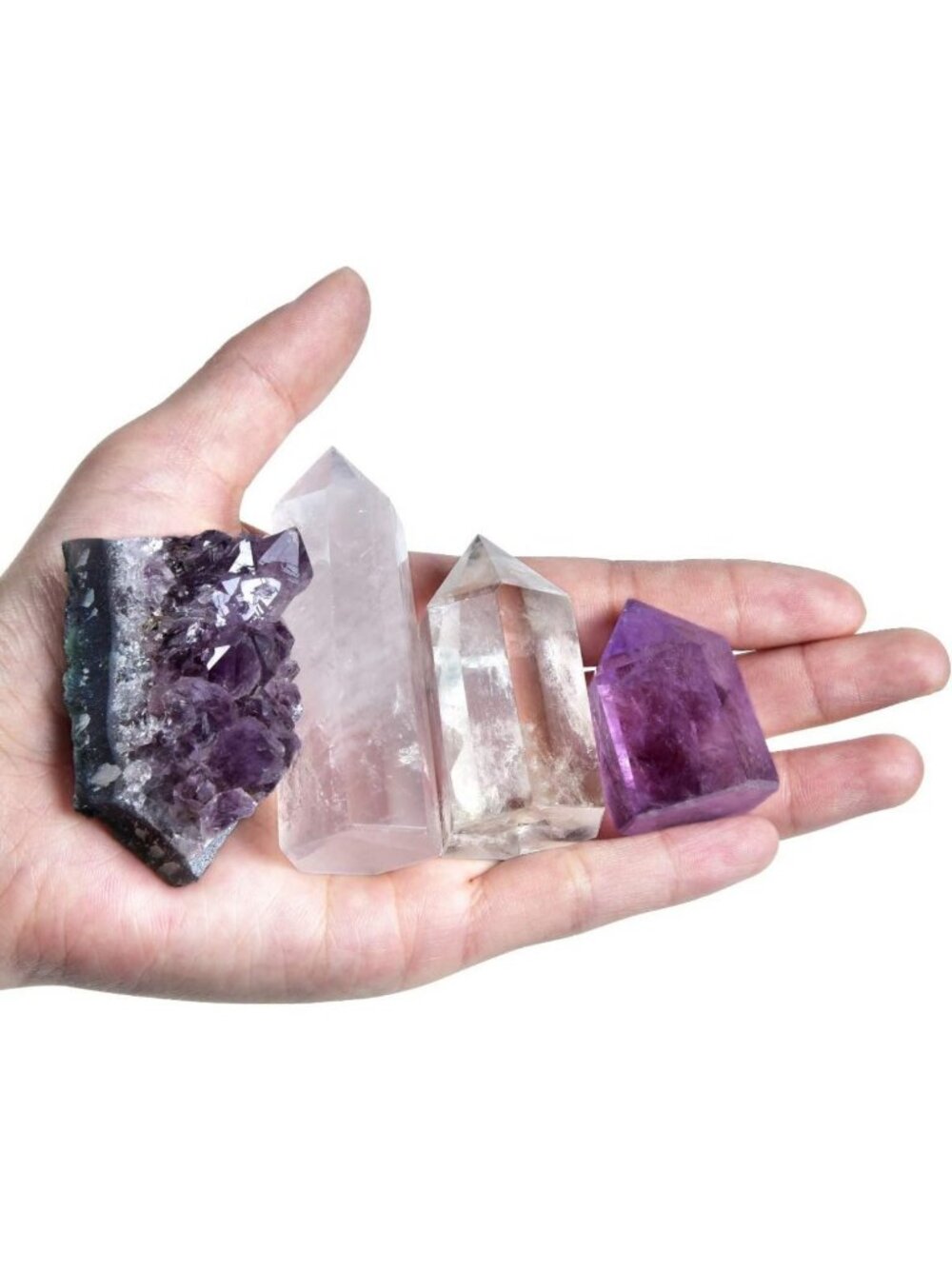 Healing Crystal Wands Set - Amethyst, Rose Quartz, Clear Quartz & Cluster for